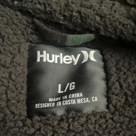 Hurley Men's Black and Green Checkered Plaid Fleece Lined Jacketed Large - Picture 4 of 5
